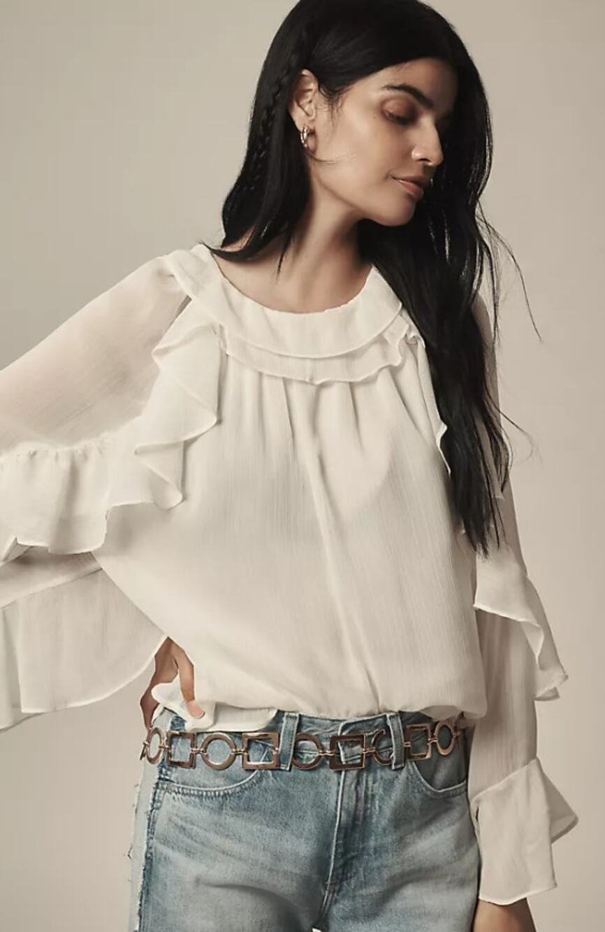 by ANTHROPOLOGIE Ruffled Blouse Ivory High Neck Long Sleeve Women's XS